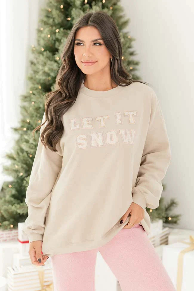 Let it Snow Chenille Patch Ivory Oversized Graphic Sweatshirt