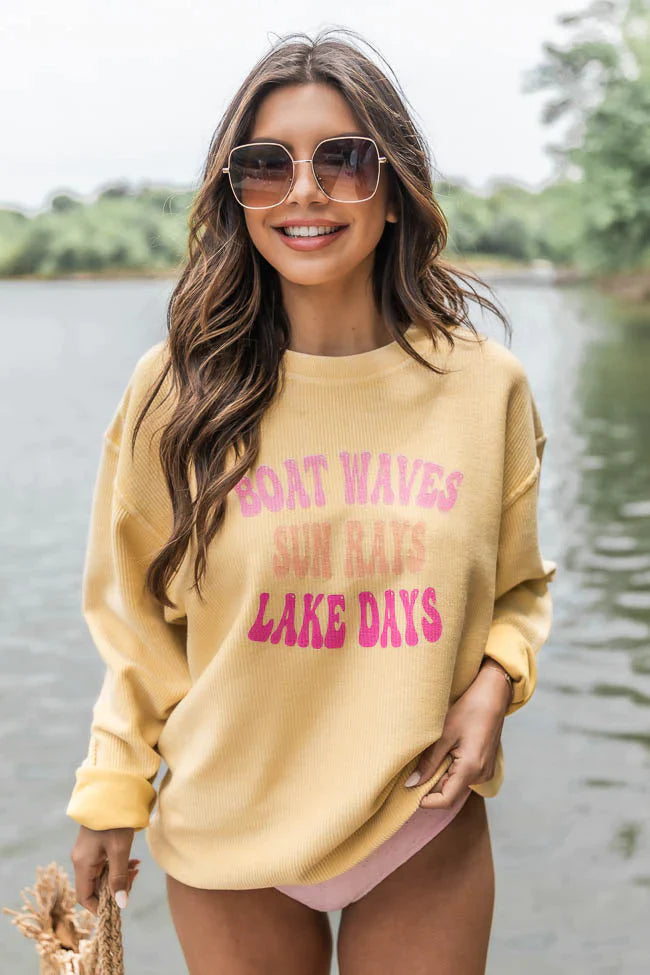 Boat Waves Sun Rays Lake Days Gold Corded Graphic Sweatshirt