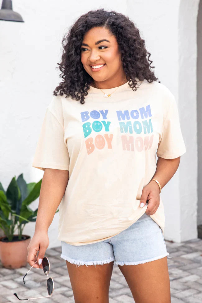 BOY MOM REPEAT SMILEY IVORY OVERSIZED GRAPHIC TEE