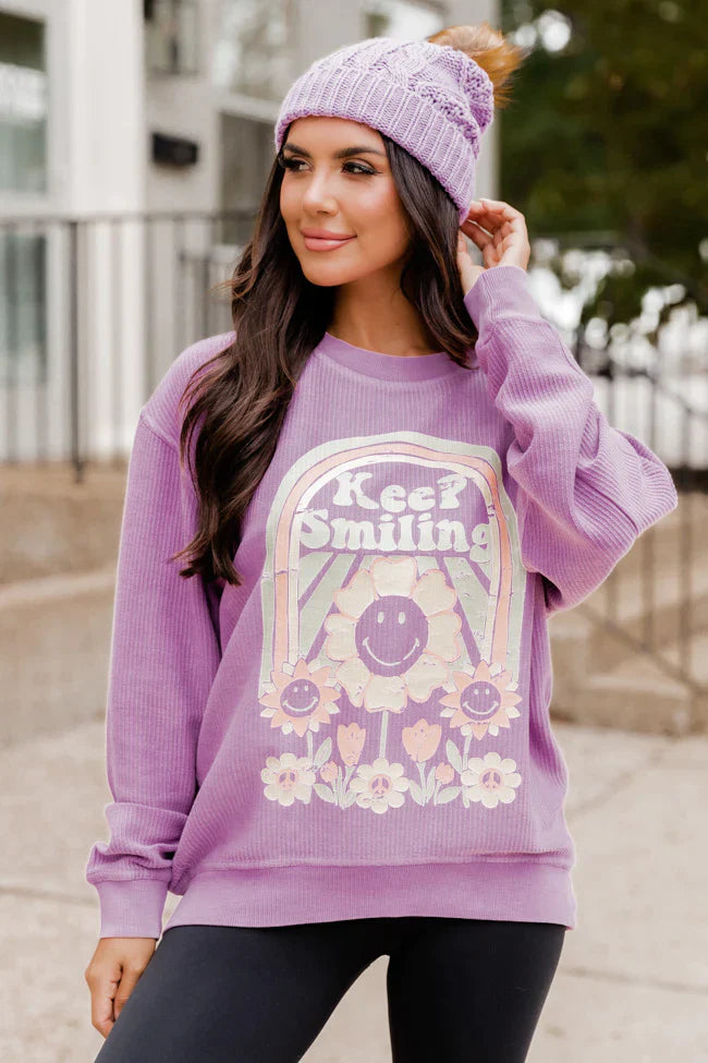 Keep Smiling Purple Corded Graphic Sweatshirt