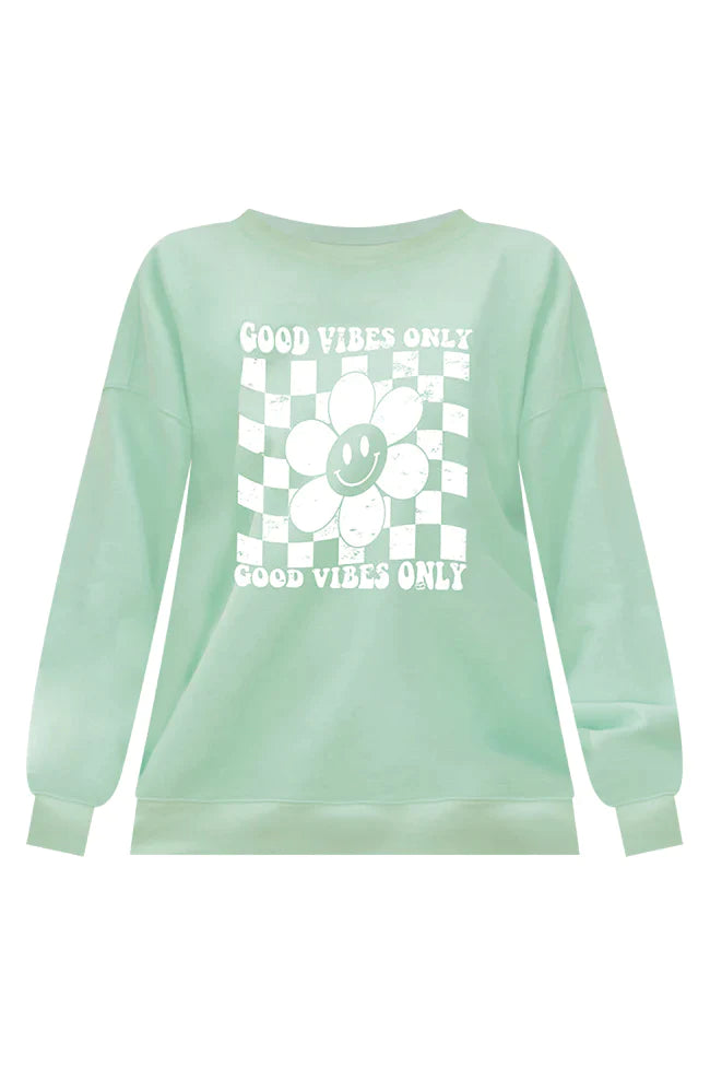 Good Vibes Only Smiley Checkered Mint Oversized Graphic Sweatshirt