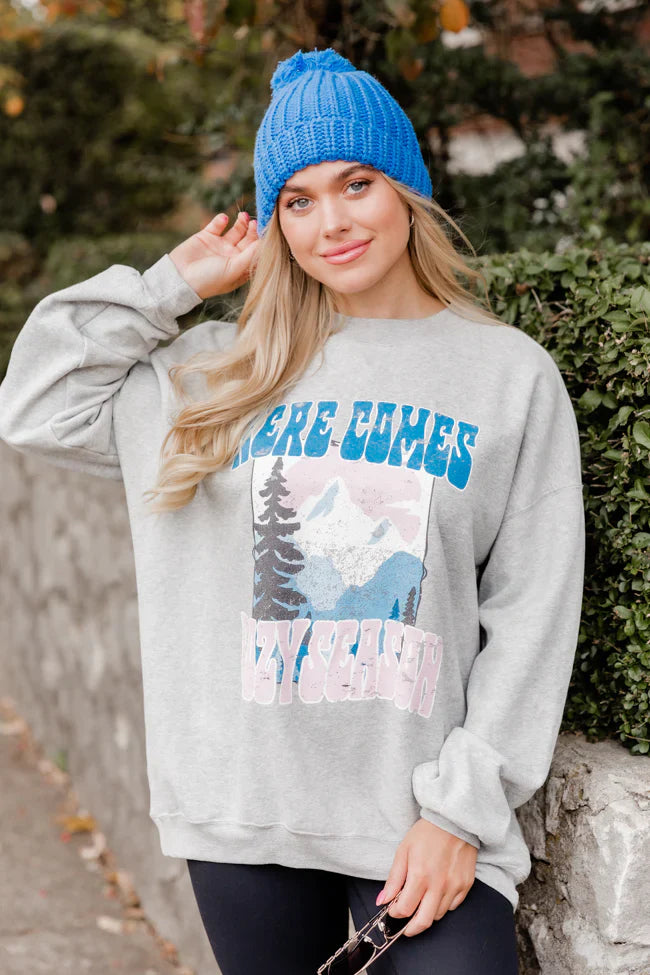 Here Comes Cozy Season Grey Oversized Graphic Sweatshirt