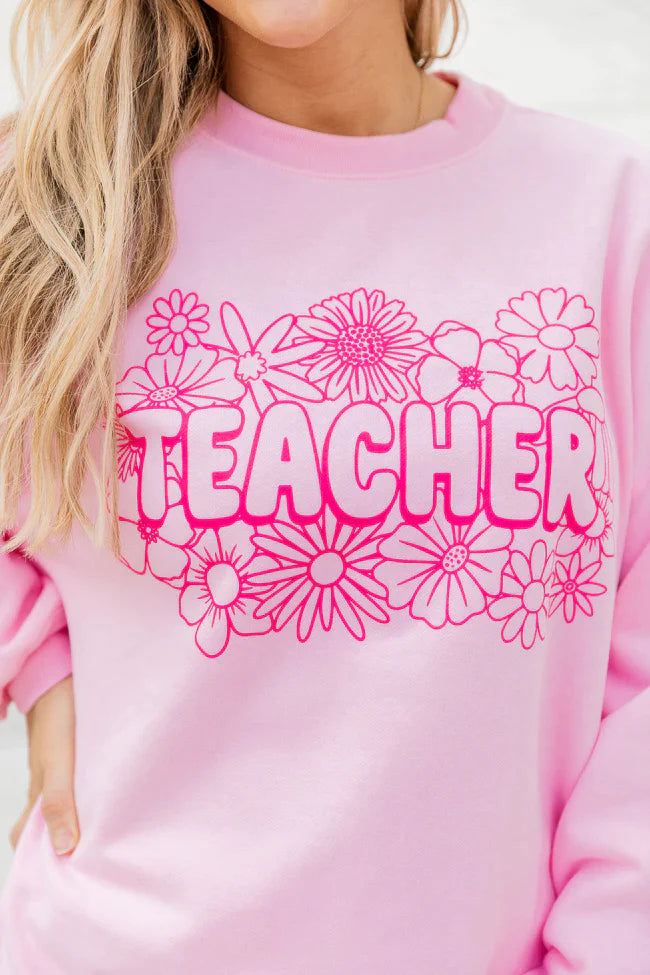 Floral Teacher Light Pink Oversized Graphic Sweatshirt