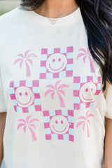 PALM TREE SMILEY IVORY OVERSIZED GRAPHIC TEE